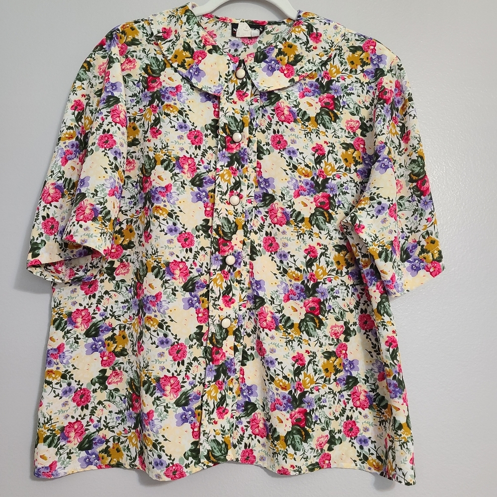 Vintage Multicolor Floral Peter Pan Collar Pearl Button-up Granny Cottage Top XL